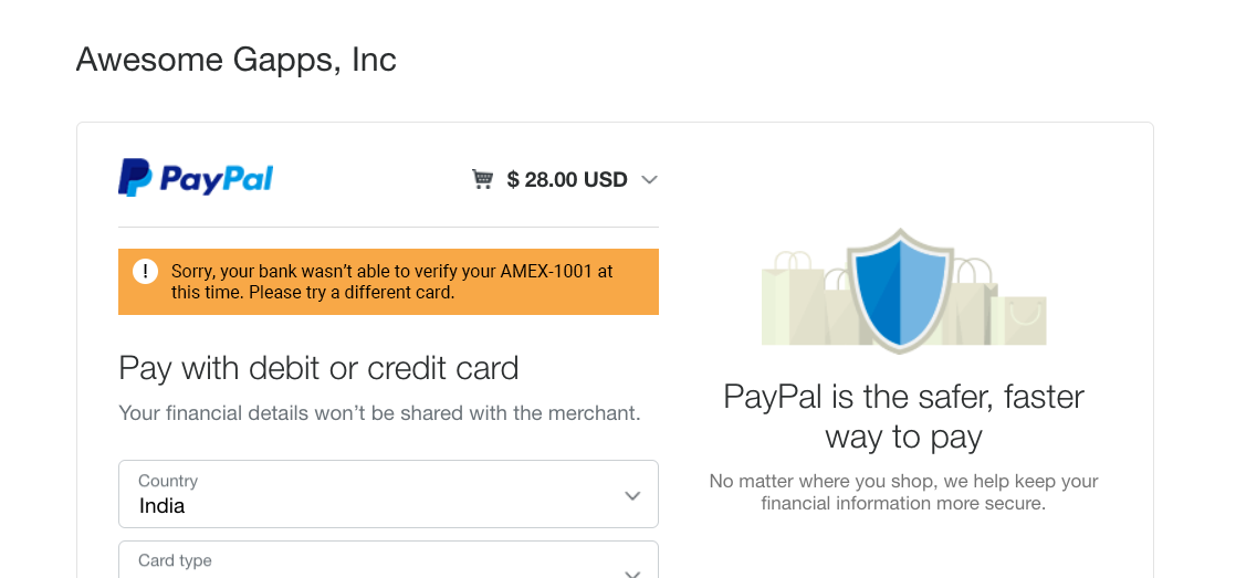 PayPal error: your bank can't verify your credit card